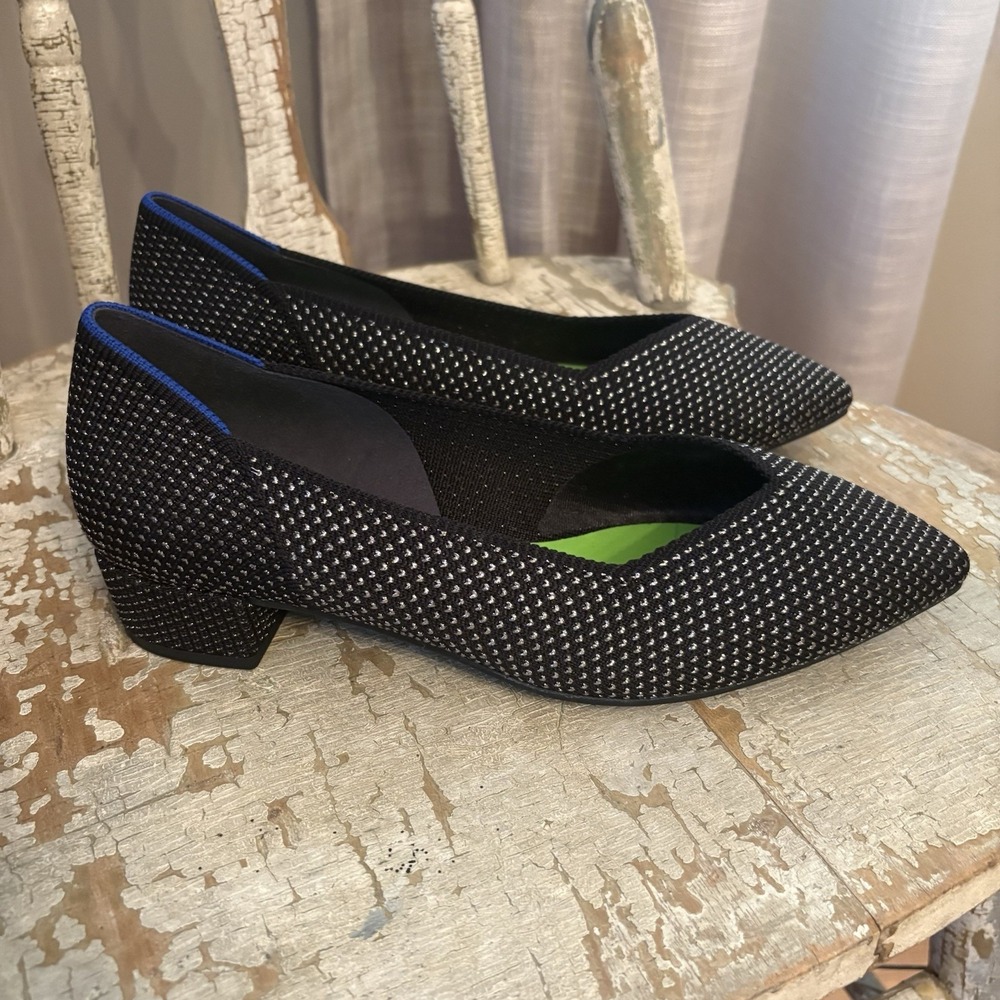 Rothy's The High Point Black White Metallic Knit Block Heel Pumps Size 7.5